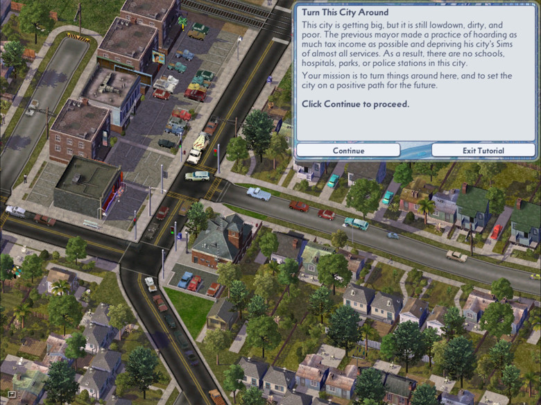 A screenshot of SimCity 4 showing an intersection and some buildings. A tutorial window says "This city is getting big, but it is still lowdown, dirty, and poor."