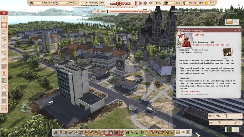A screenshot of Workers & Resources with an open notification warning about low citizen loyalty.